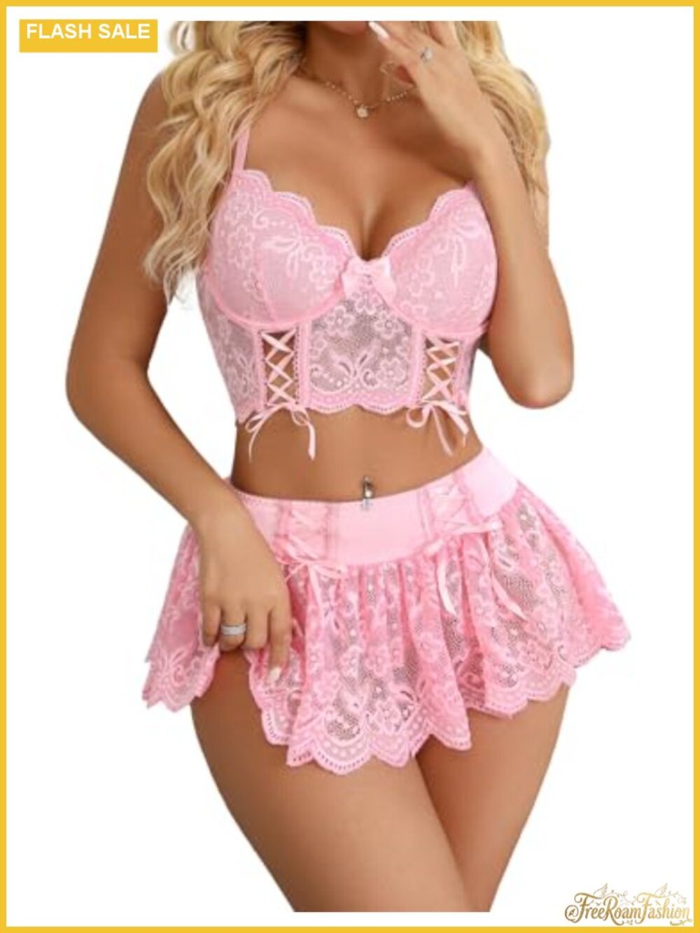 Lace Corset Top Mini Skirt Lingerie Set 3 Piece Bustier